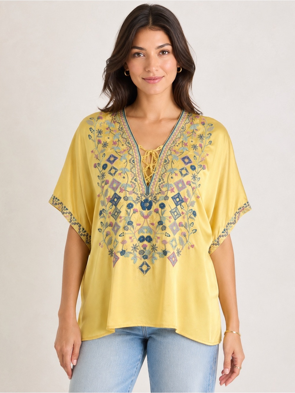 BIYA by Johnny Was XL Yellow Embroidered Lace-Up Boho Tunic Blouse Floral